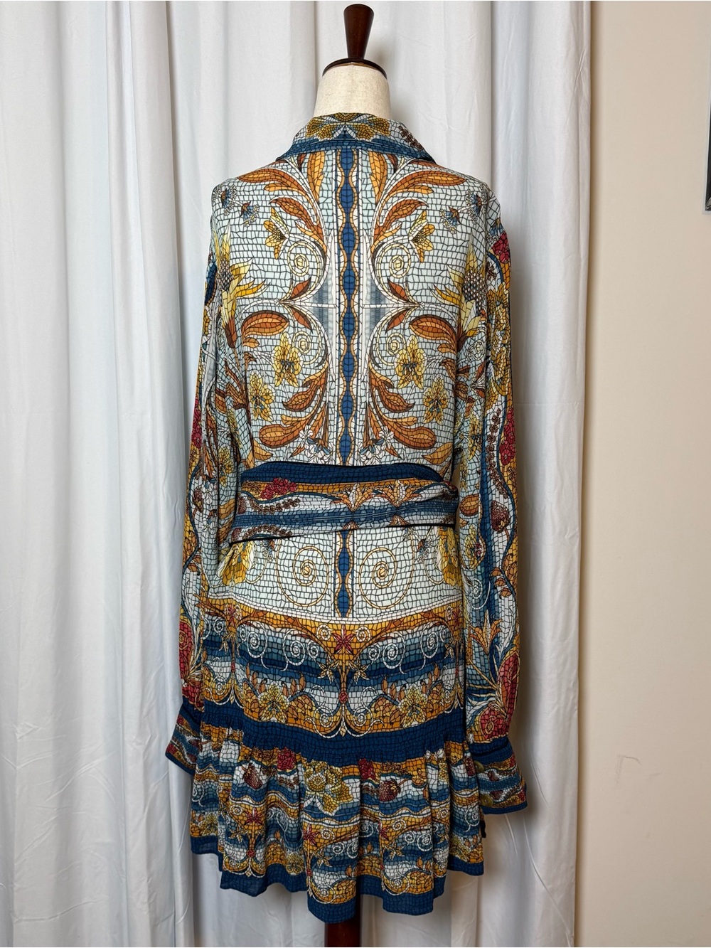 Farm Rio Mosaic Garden Mini Dress Belted Button Front Floral Boho Small - Picture 5 of 16